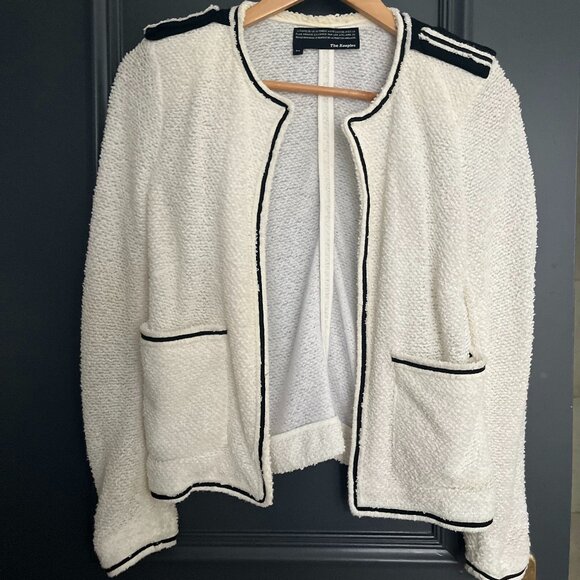 The Kooples Sweaters - The Kooples, Size 36. White Cardigan w/ black trim. Classy design, shoulder pads